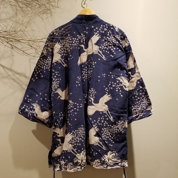 Navy Blue Sakura Crane Noragi Kimono - Siamurai