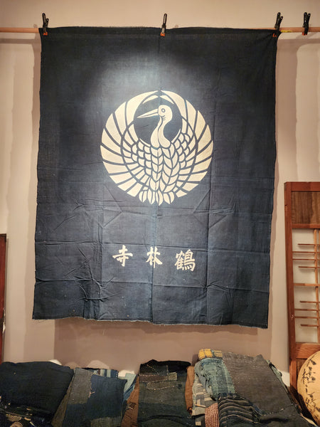 Aizome Indigo Tsutsugaki Crane Kamon Wall Decor 140 x 170cm