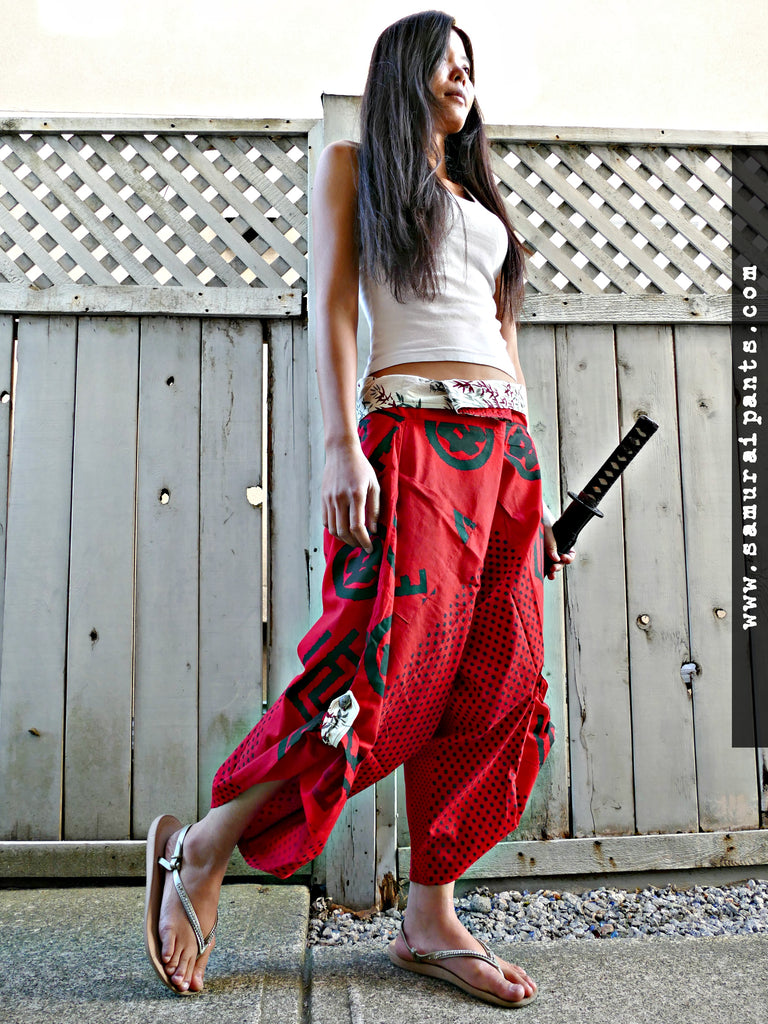 Red Samurai Crests Waist-Tied Samurai Pants S to XXL size - Siamurai